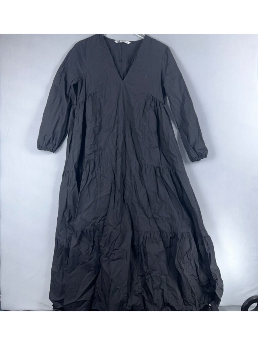 Zara Tiered Maxi Dress Size Small Black 100% Cotton Long Sleeve V Neck - Picture 5 of 14